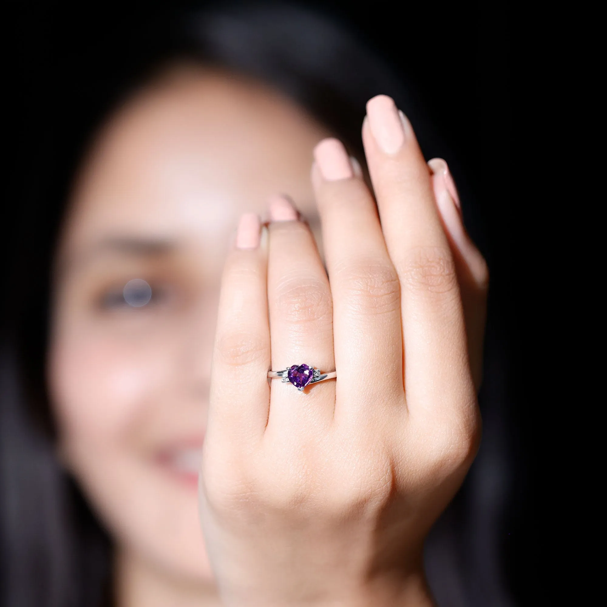 1 CT Heart Shape Amethyst Solitaire Promise Ring with Diamond