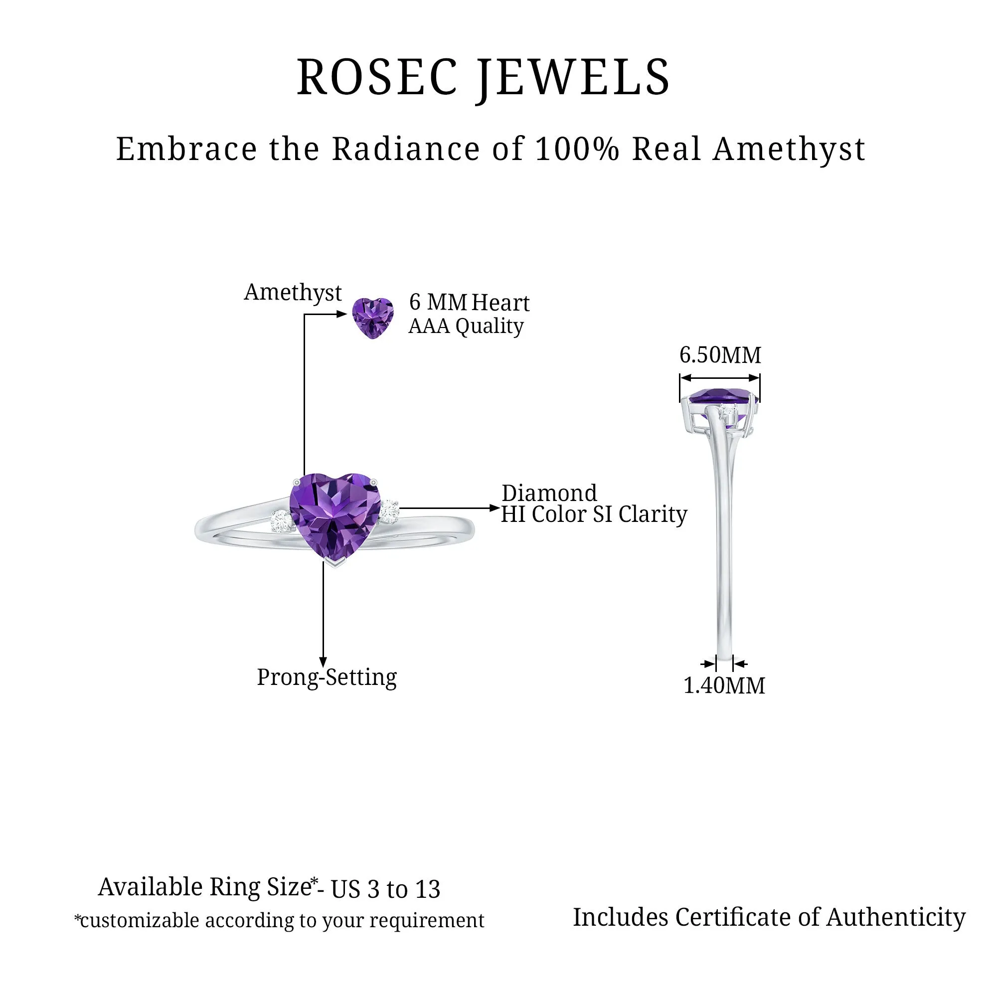 1 CT Heart Shape Amethyst Solitaire Promise Ring with Diamond