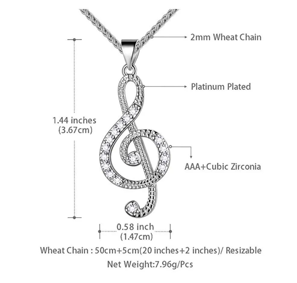 1/4 ct. Simulated Diamond Treble Clef Note Necklace Music Note Charm Musician Jewelry Singer Gift 20in.