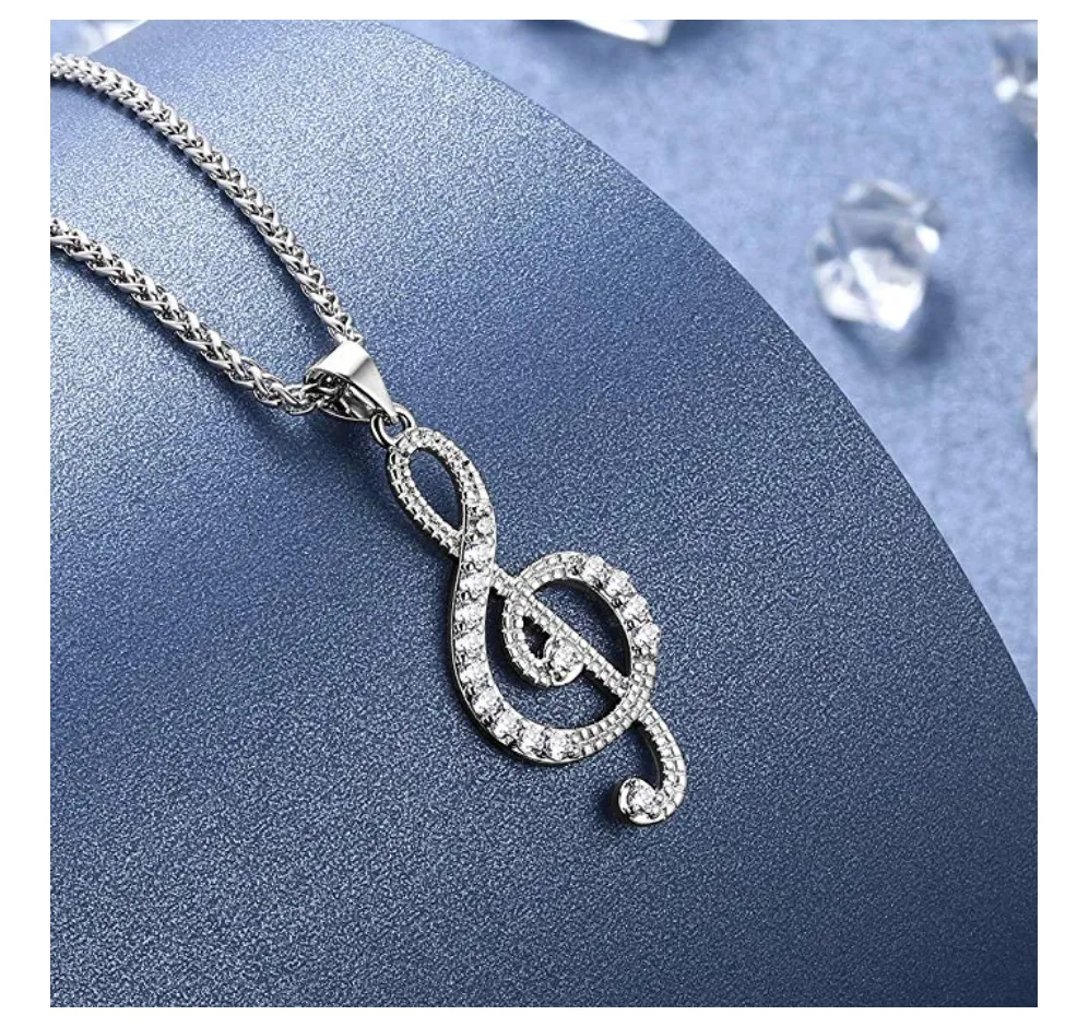 1/4 ct. Simulated Diamond Treble Clef Note Necklace Music Note Charm Musician Jewelry Singer Gift 20in.