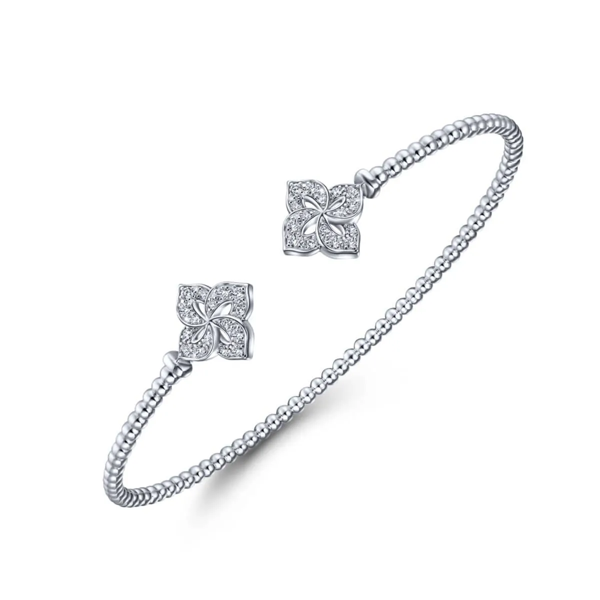 14K White Gold Bujukan Split Cuff Bracelet with Diamond Flower Caps - BG4256-62W45JJ