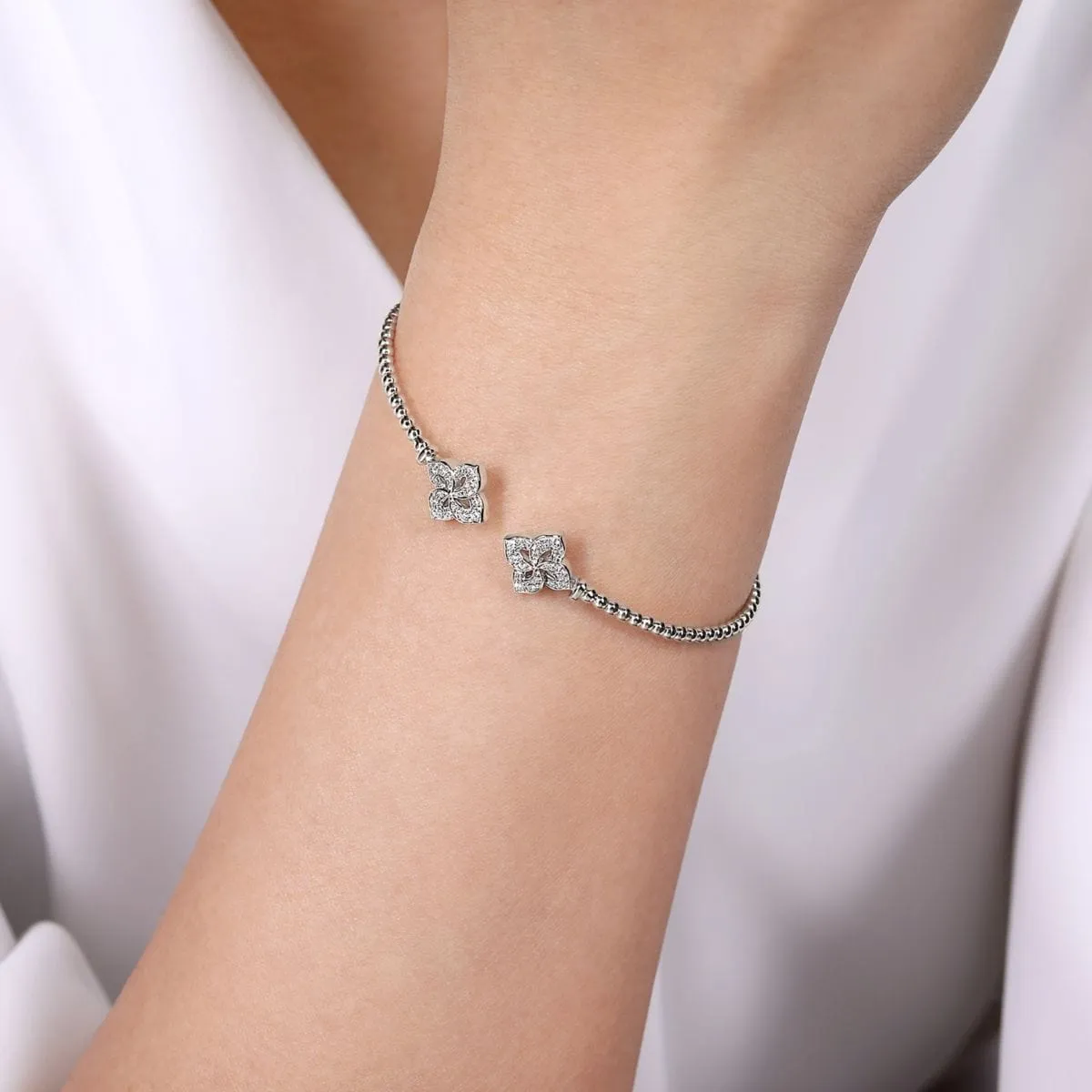 14K White Gold Bujukan Split Cuff Bracelet with Diamond Flower Caps - BG4256-62W45JJ