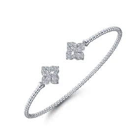 14K White Gold Bujukan Split Cuff Bracelet with Diamond Flower Caps - BG4256-62W45JJ