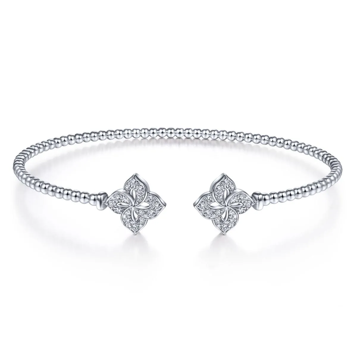 14K White Gold Bujukan Split Cuff Bracelet with Diamond Flower Caps - BG4256-62W45JJ