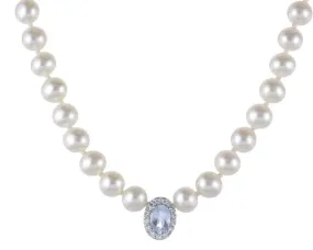 16 inch Fresh Water Pearl, Aquamarine and Natural Diamond Necklace with 14K White Clasp