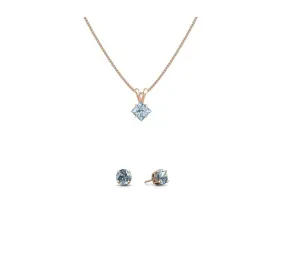 18K Rose Gold 1/2ct Aquamarine Square 18 Inch Necklace and Round Earrings Set Plated