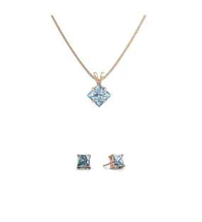 18K Rose Gold 2ct Aquamarine Square 18 Inch Necklace and Earrings Set Plated