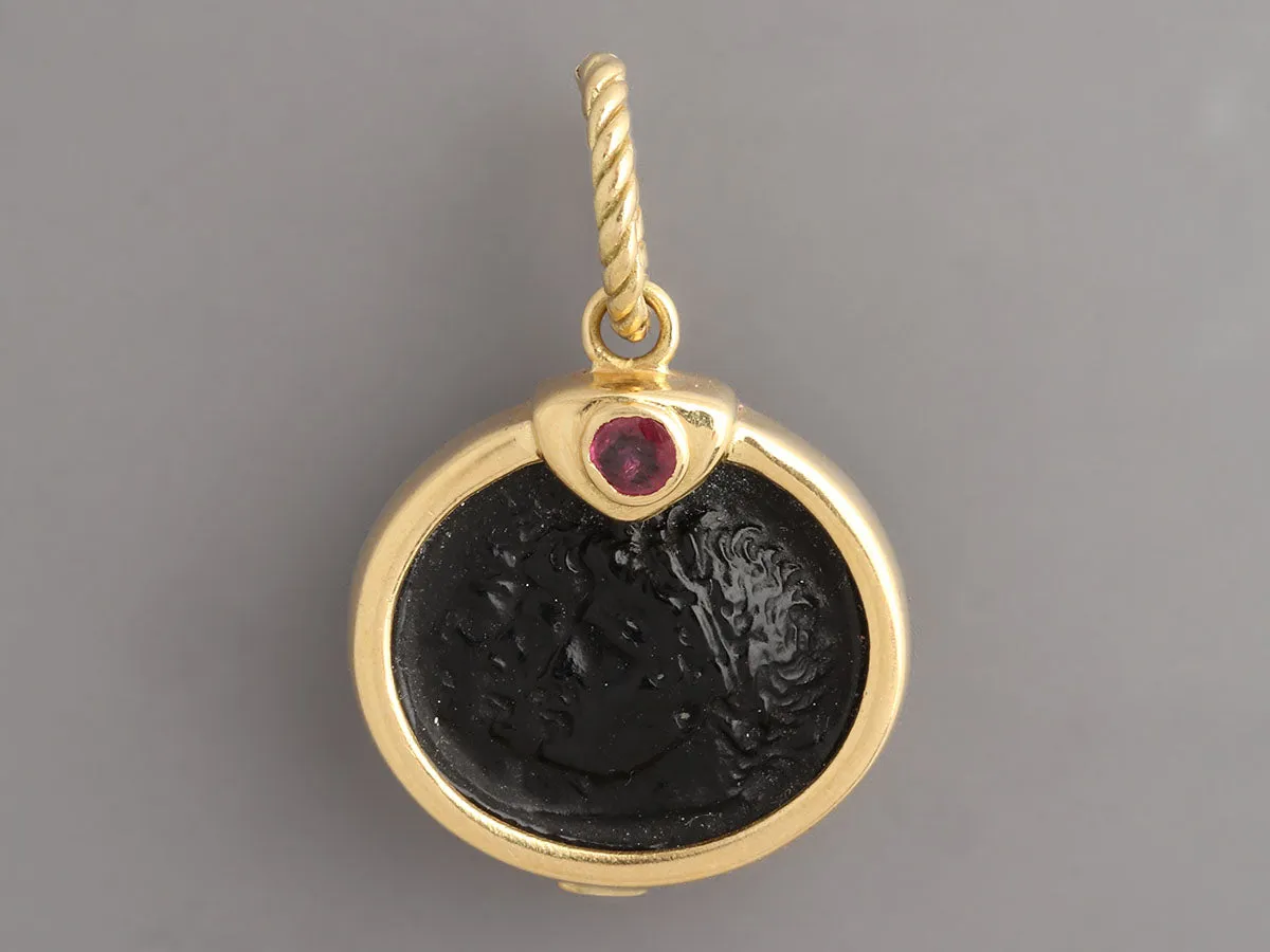 18K Yellow Gold Onyx and Ruby Cameo Pendant