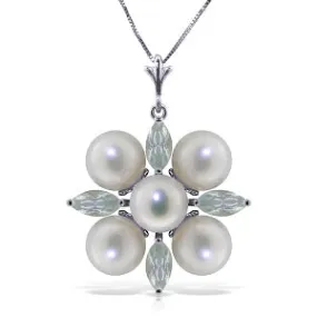 6.3 Carat 14K Solid White Gold Kissing Spree Aquamarine Pearl Necklace