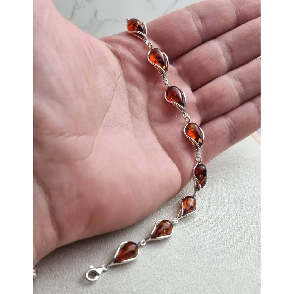 925 Sterling Silver & Genuine Baltic Amber Modern Link Bracelet - G501