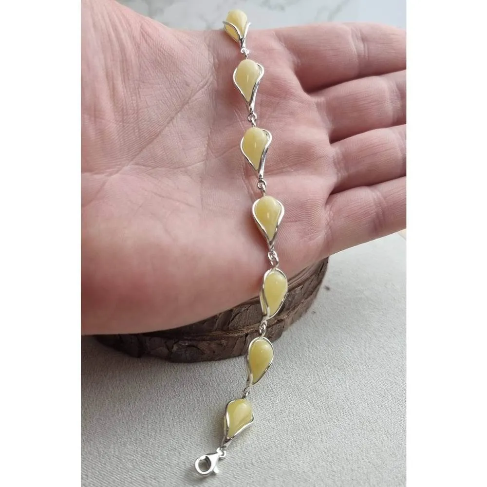 925 Sterling Silver & Genuine Baltic Amber Modern Link Bracelet - G501