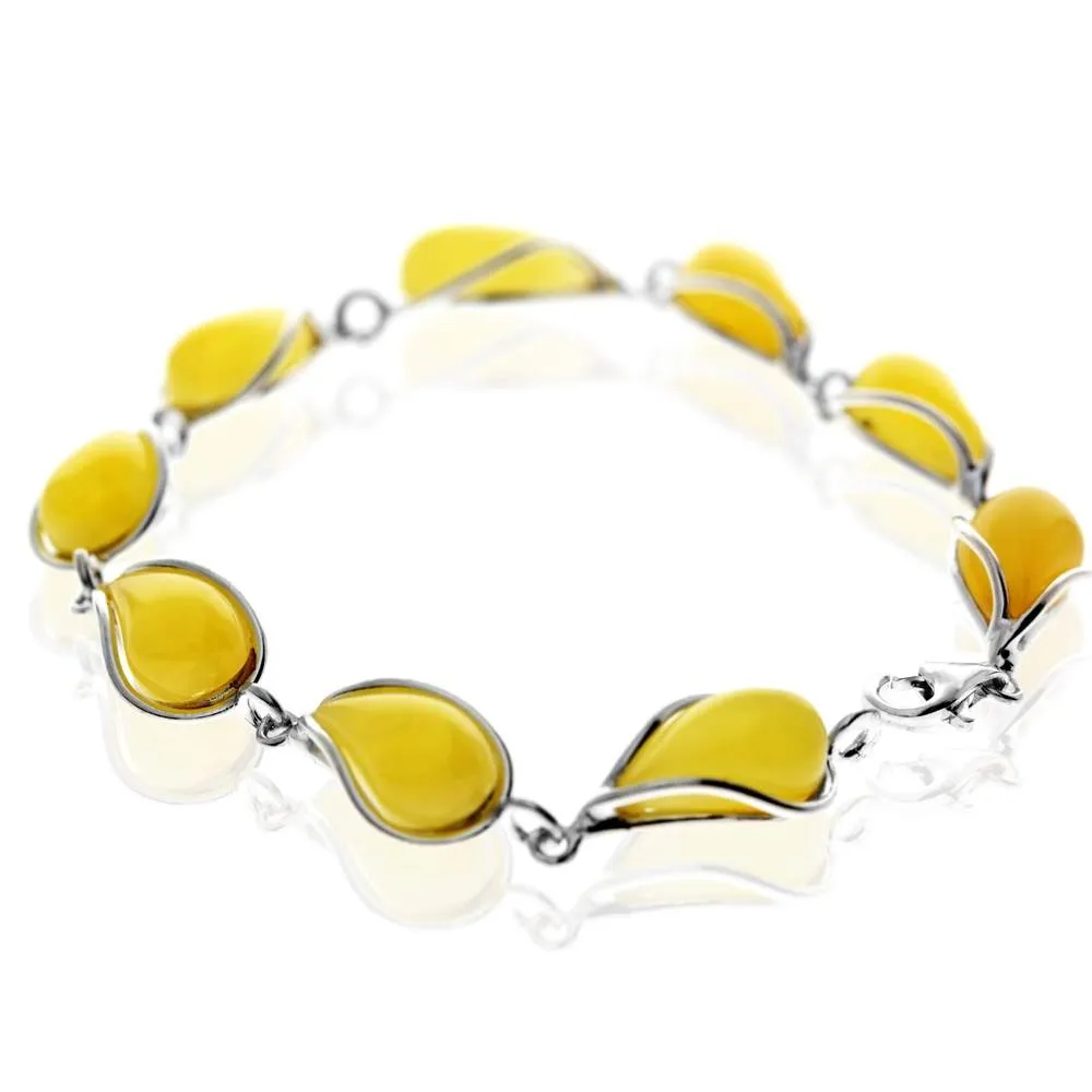 925 Sterling Silver & Genuine Baltic Amber Modern Link Bracelet - G501