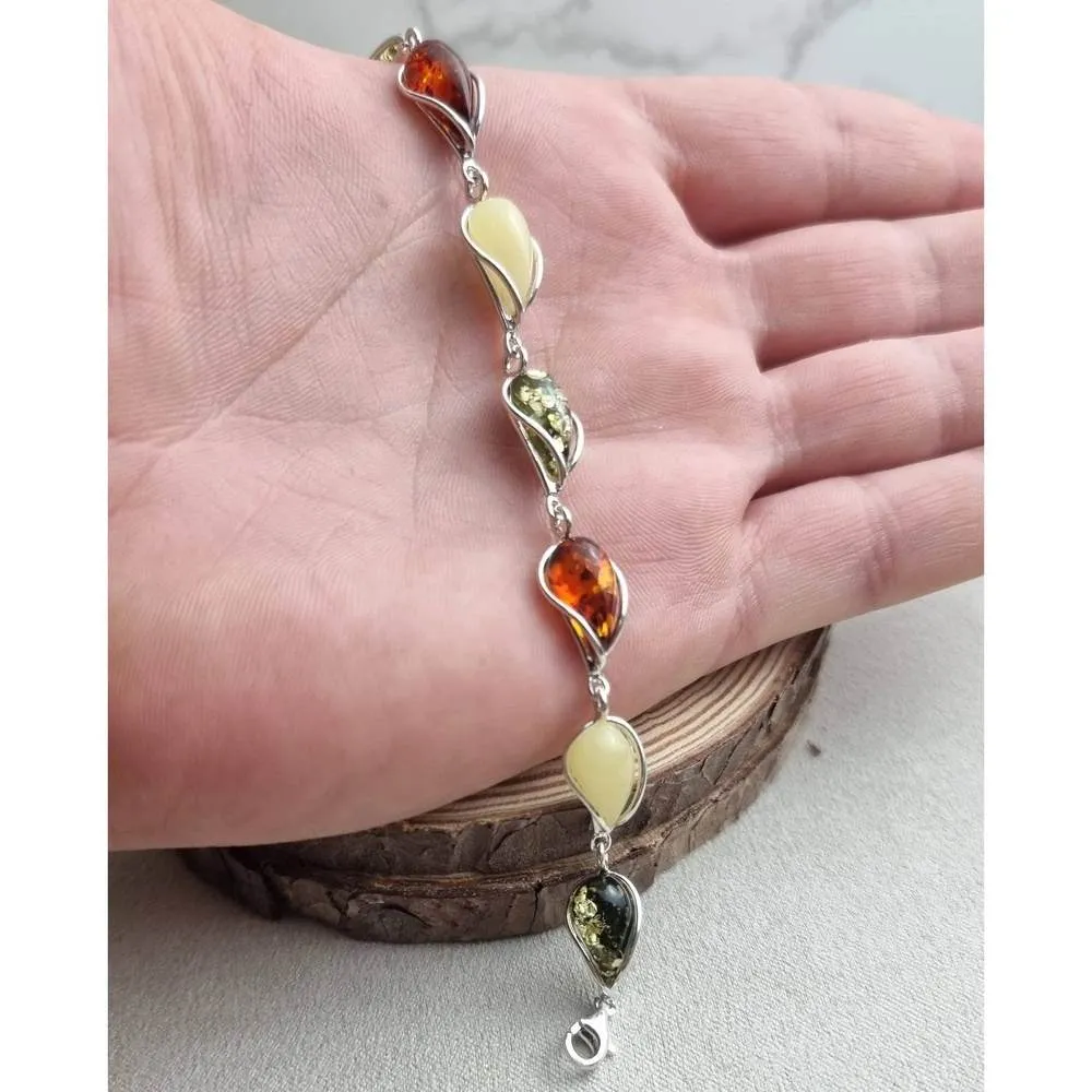 925 Sterling Silver & Genuine Baltic Amber Modern Link Bracelet - G501