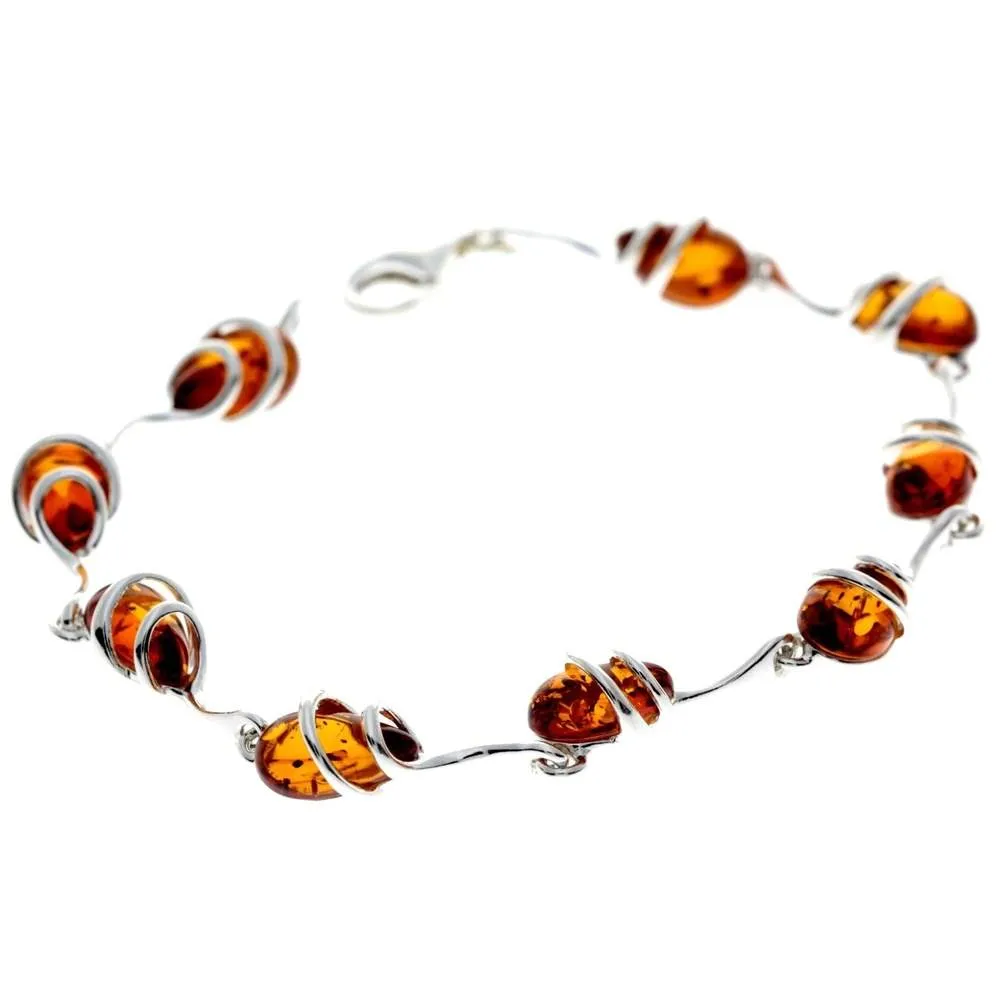 925 Sterling Silver & Genuine Baltic Amber Modern Link Bracelet - GL557