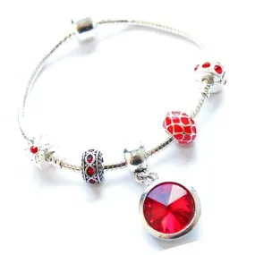 Adult's 'July Birthstone' Ruby Colored Crystal Silver Plated Charm Bead Bracelet