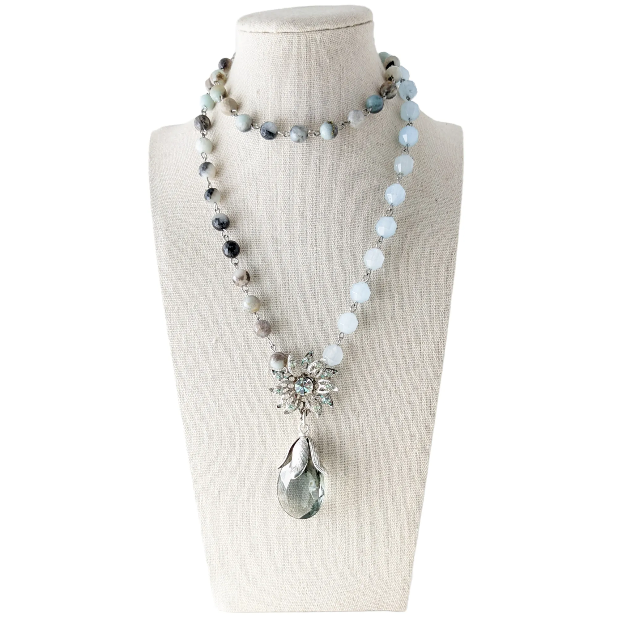 Amazonite and Aquamarine Long Beaded Bauble Necklace