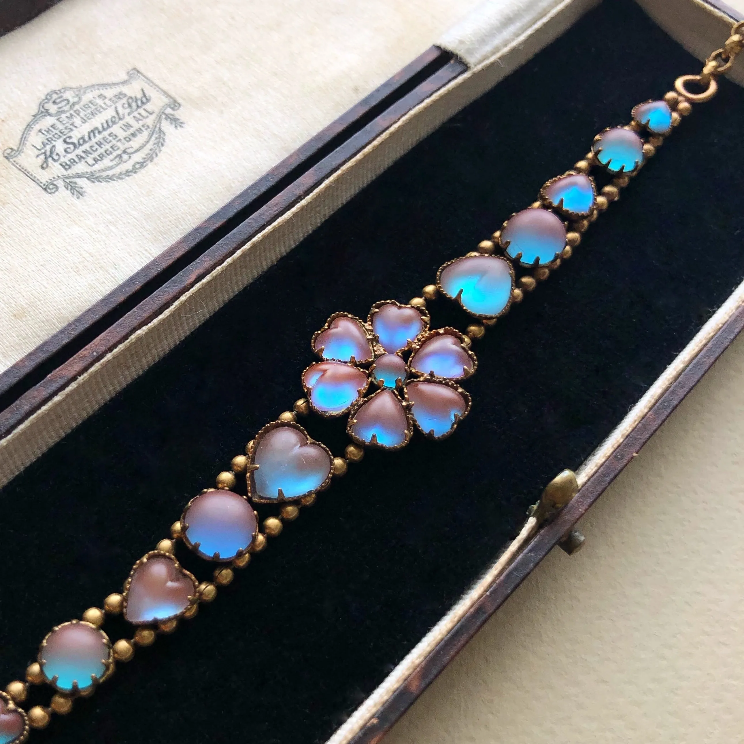Antique Edwardian Saphiret Glass Floral Heart Bracelet