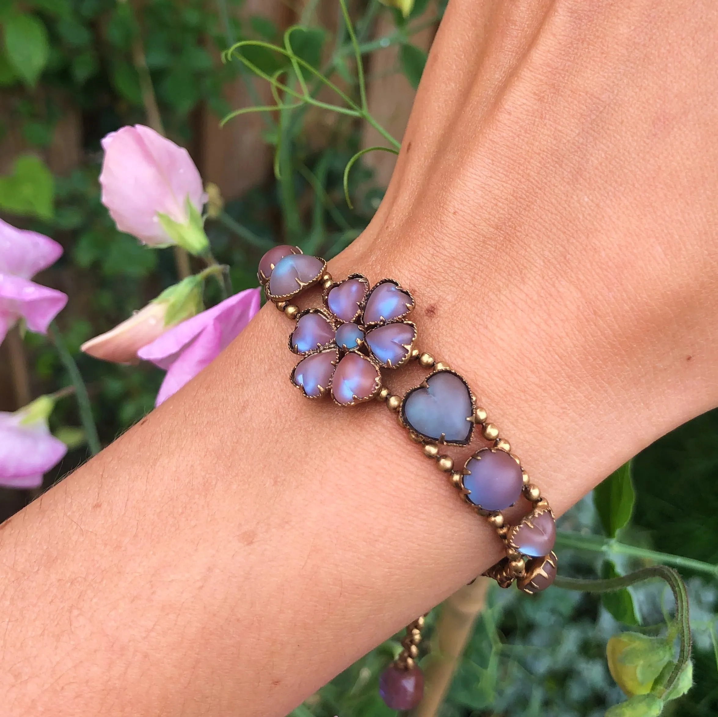Antique Edwardian Saphiret Glass Floral Heart Bracelet