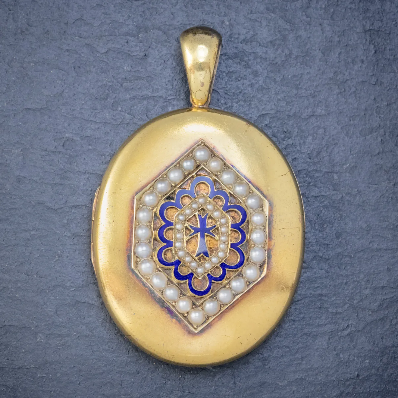 Antique Victorian 18ct Gold Pearl Locket Blue Enamel Cross Circa 1900 Boxed