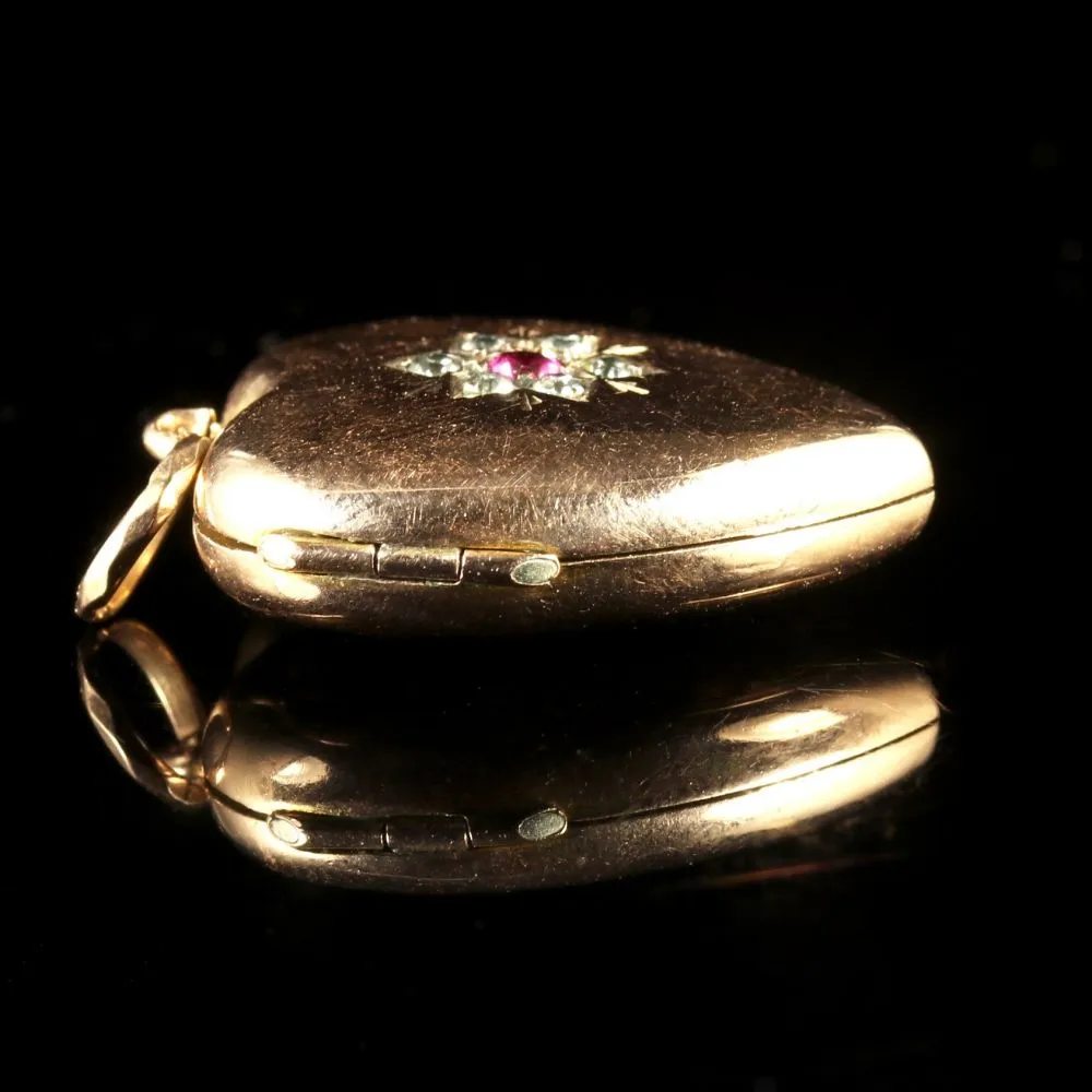 Antique Victorian Gold Heart Locket Ruby Paste Circa 1900