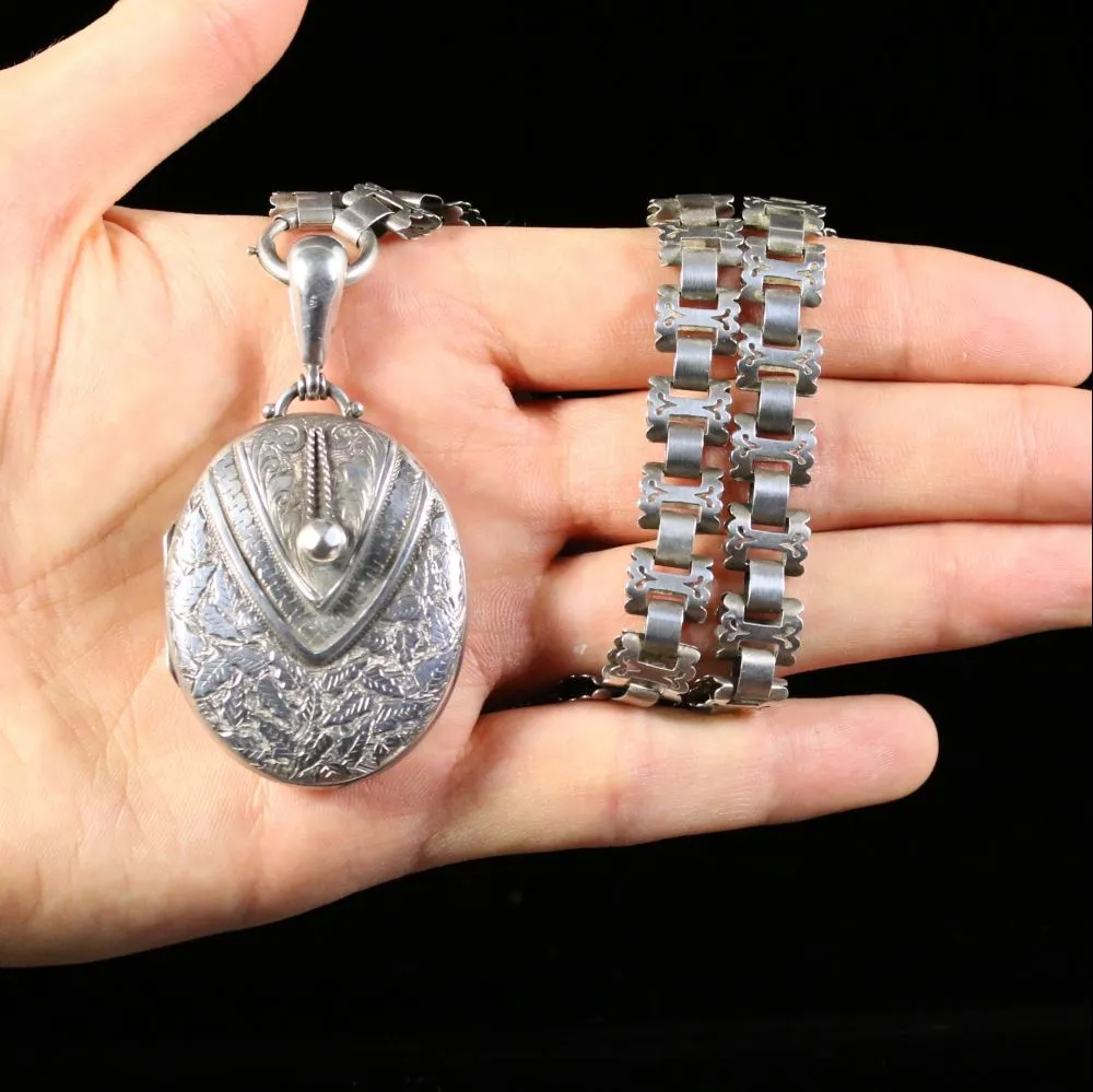 Antique Victorian Silver Locket And Collar Circa 1880