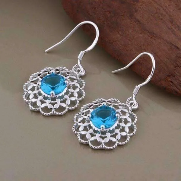Aqua CZ Silver Filigree Medallion Matching Necklace and Earrings Set for Women