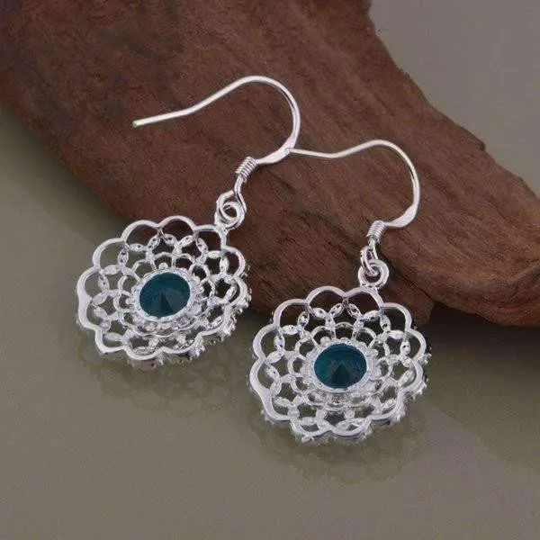 Aqua CZ Silver Filigree Medallion Matching Necklace and Earrings Set for Women
