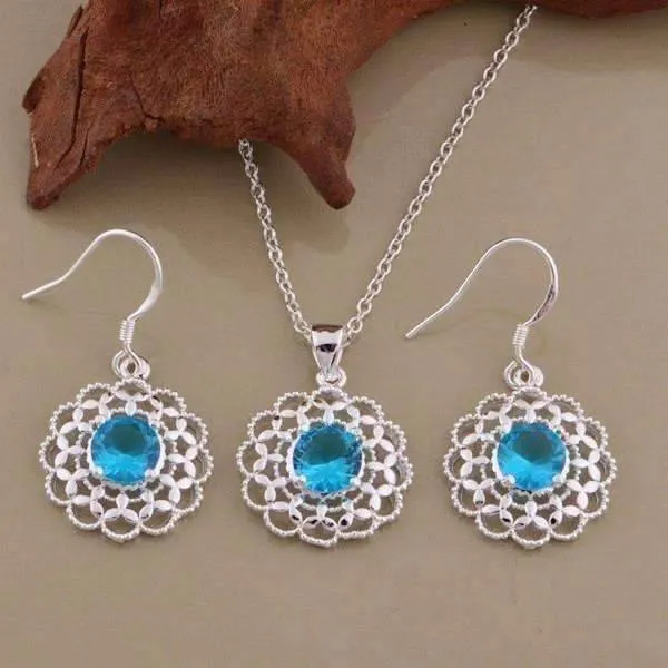 Aqua CZ Silver Filigree Medallion Matching Necklace and Earrings Set for Women