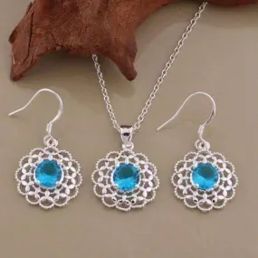 Aqua CZ Silver Filigree Medallion Matching Necklace and Earrings Set for Women