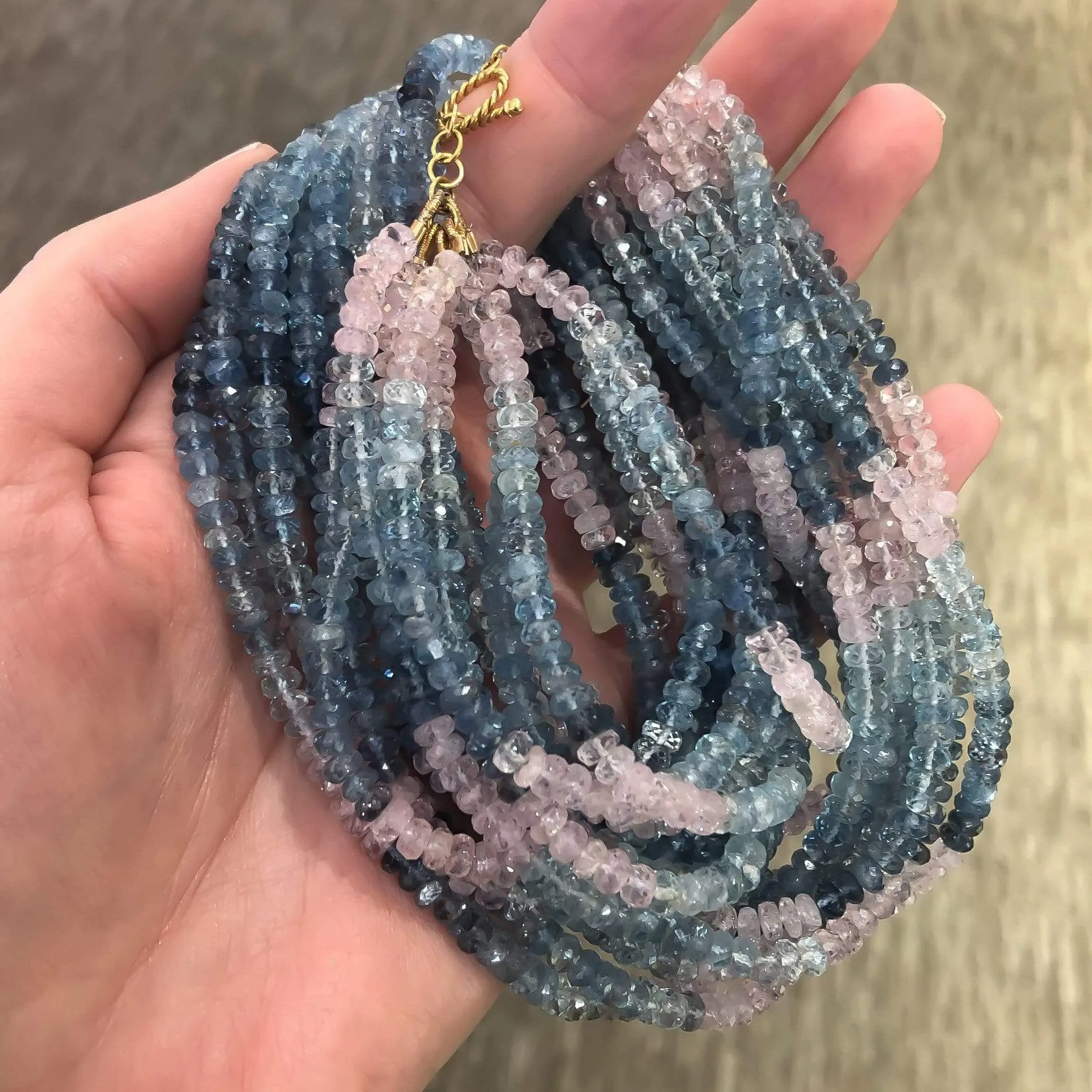 Aquamarine & Morganite Beryl Ten Strand Bead Necklace 18K Yellow Gold