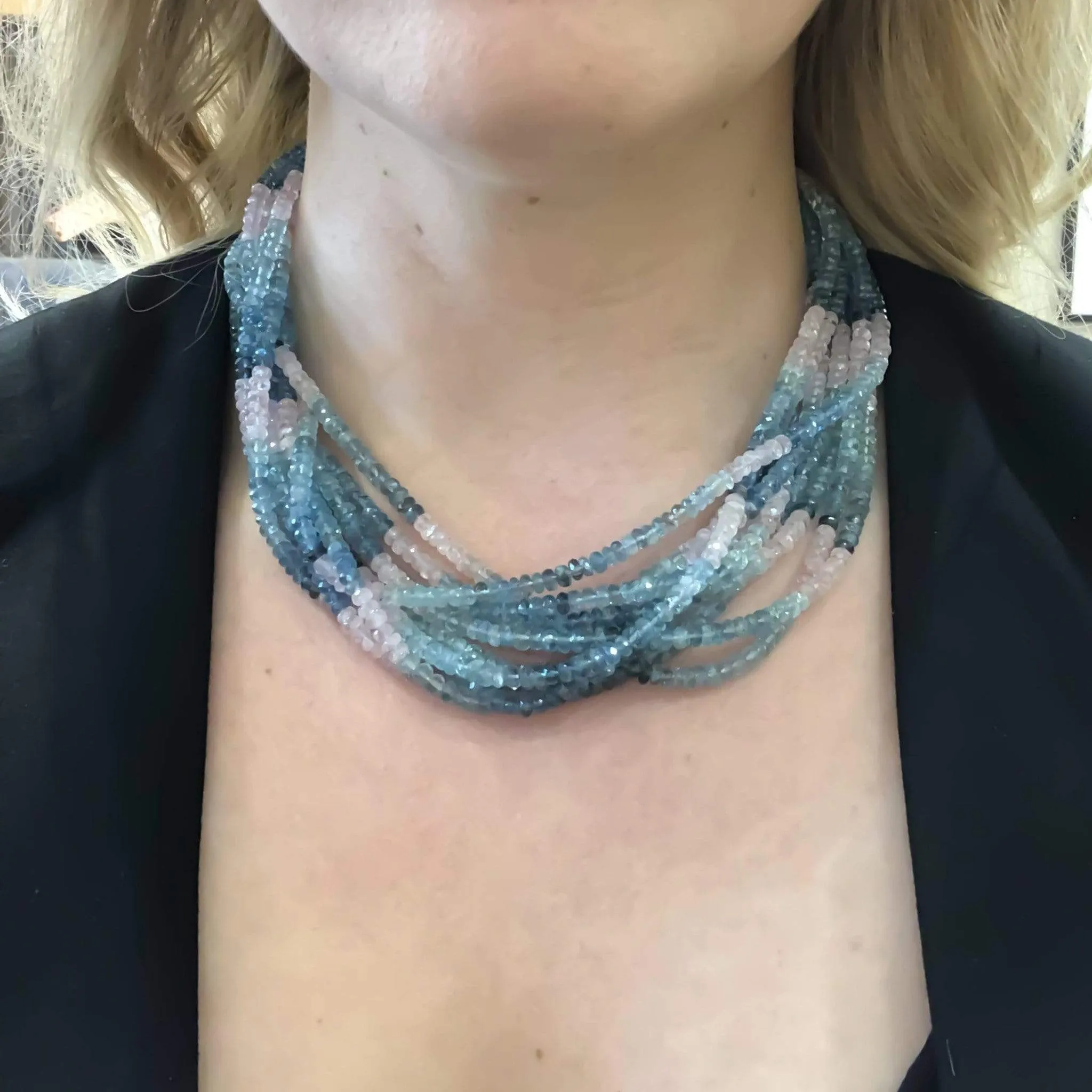 Aquamarine & Morganite Beryl Ten Strand Bead Necklace 18K Yellow Gold