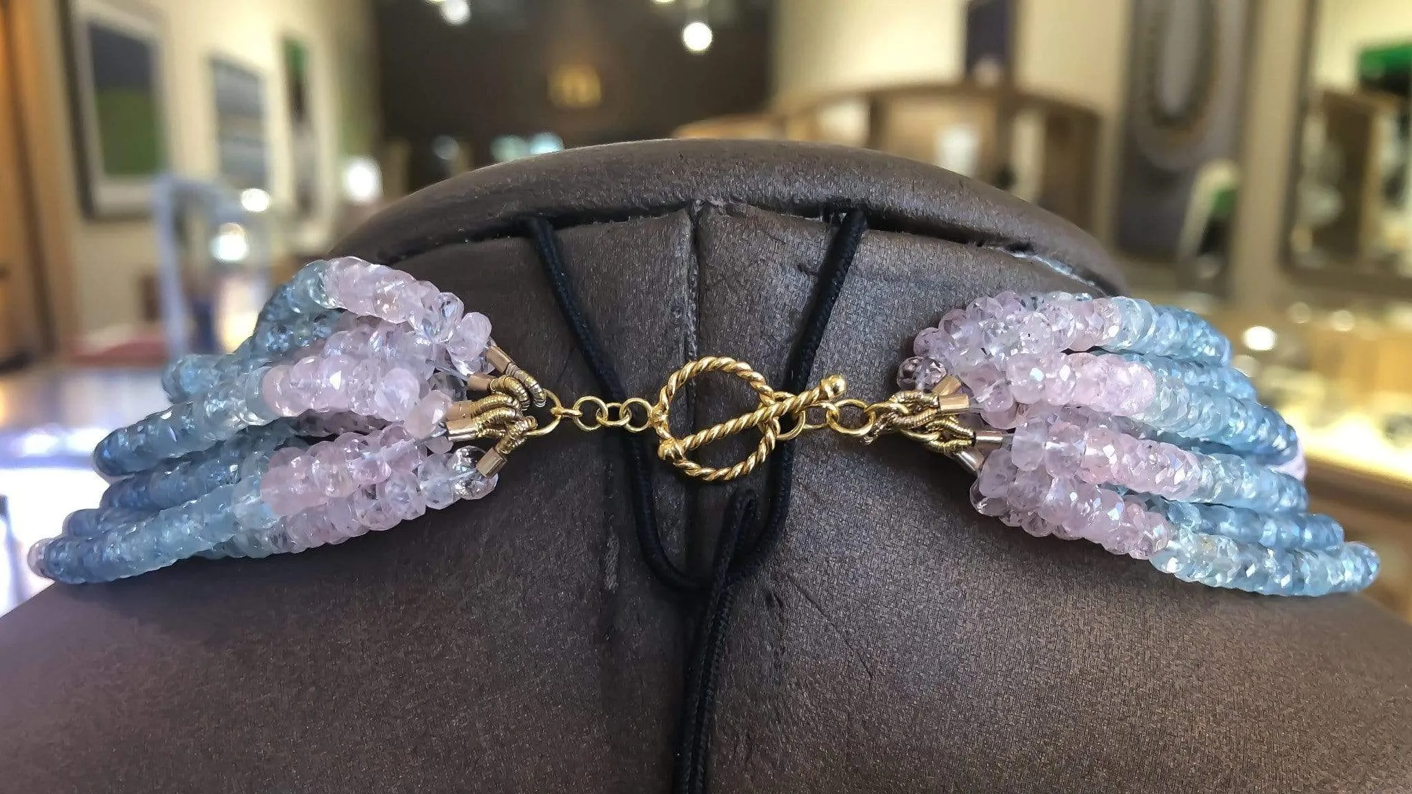Aquamarine & Morganite Beryl Ten Strand Bead Necklace 18K Yellow Gold