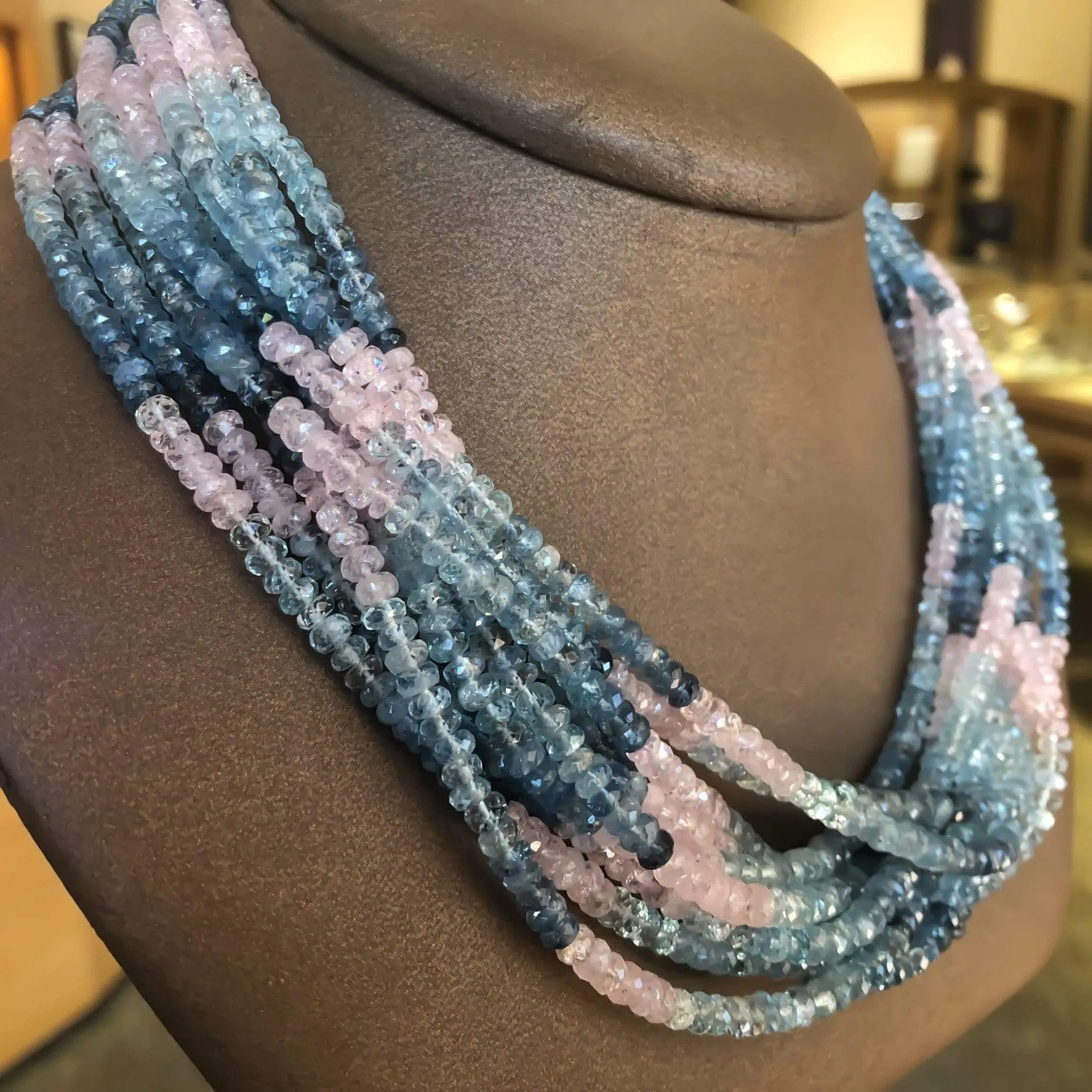 Aquamarine & Morganite Beryl Ten Strand Bead Necklace 18K Yellow Gold
