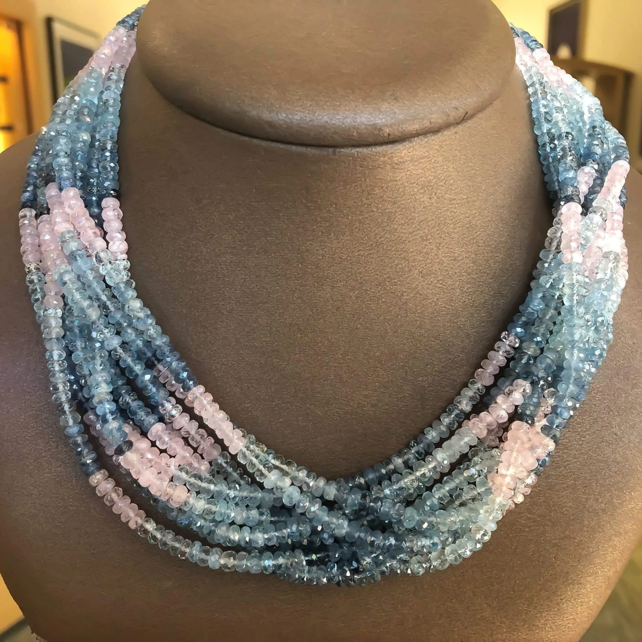 Aquamarine & Morganite Beryl Ten Strand Bead Necklace 18K Yellow Gold