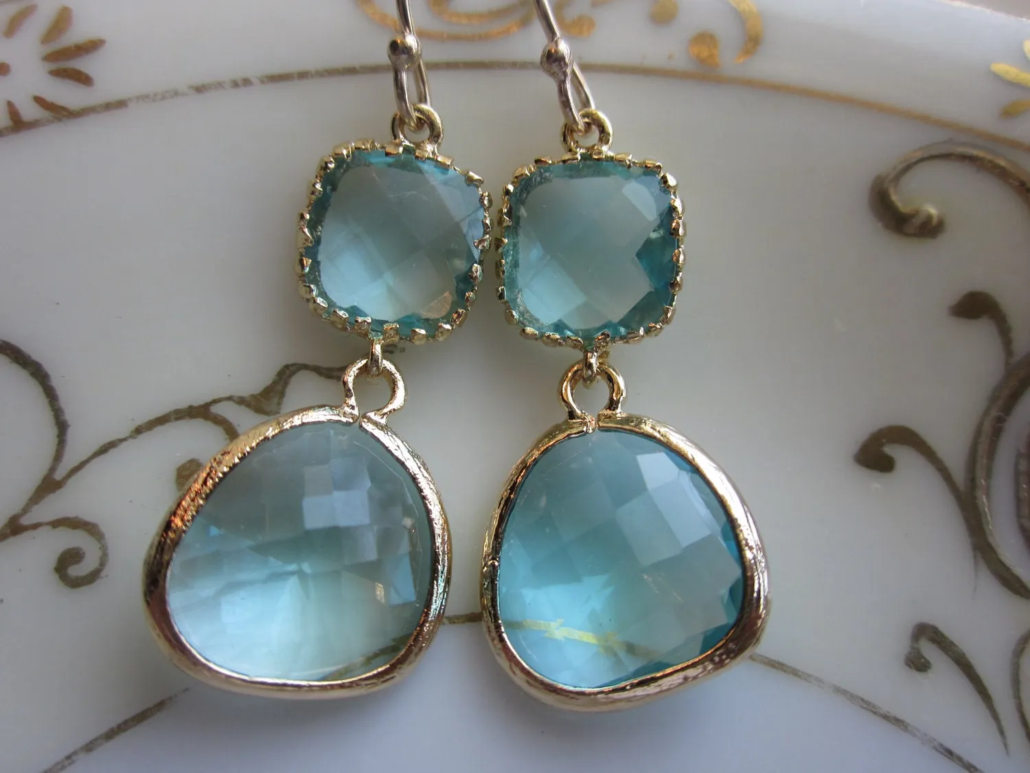 Aquamarine Earrings Gold Two Tier Blue Earrings - Bridesmaid Earrings Wedding Earrings Valentines Day Gift