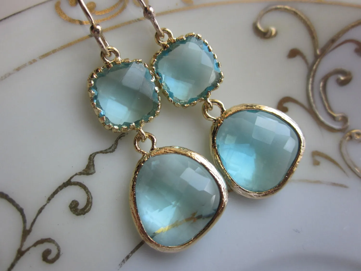 Aquamarine Earrings Gold Two Tier Blue Earrings - Bridesmaid Earrings Wedding Earrings Valentines Day Gift