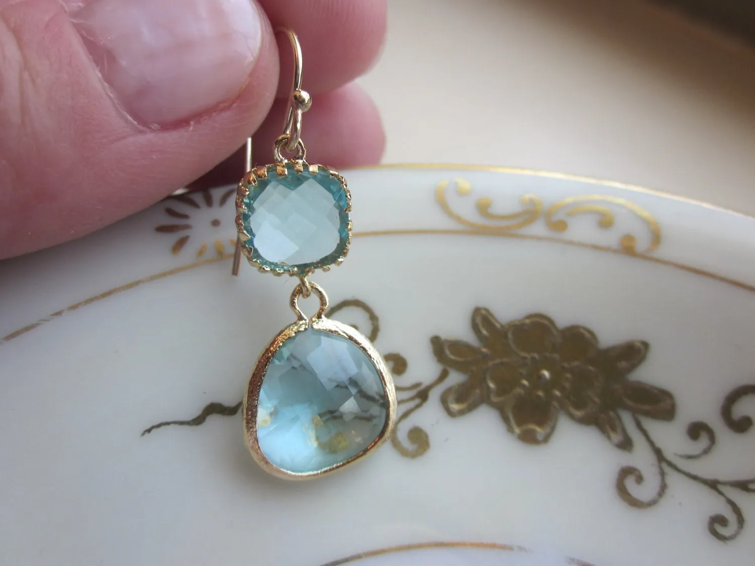 Aquamarine Earrings Gold Two Tier Blue Earrings - Bridesmaid Earrings Wedding Earrings Valentines Day Gift