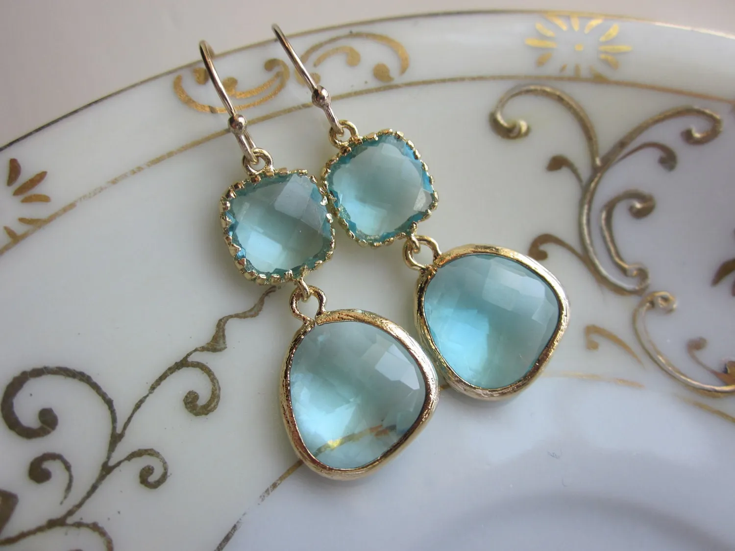 Aquamarine Earrings Gold Two Tier Blue Earrings - Bridesmaid Earrings Wedding Earrings Valentines Day Gift