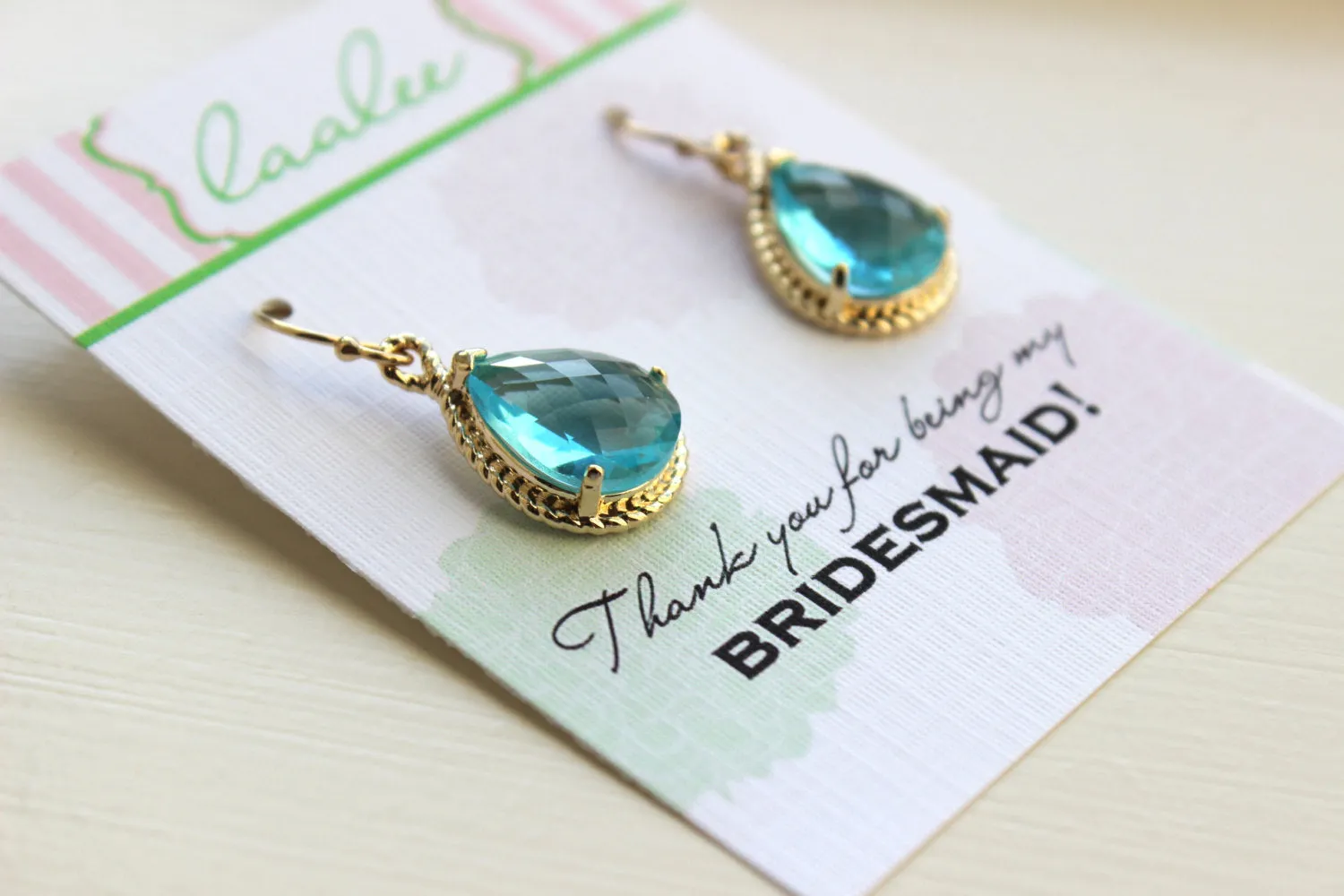 Aquamarine Earrings Gold Wedding Jewelry - Blue Topaz Bridesmaid Earrings Bridesmaid Gift Blue Bridal Jewelry Personalized Thank You Note