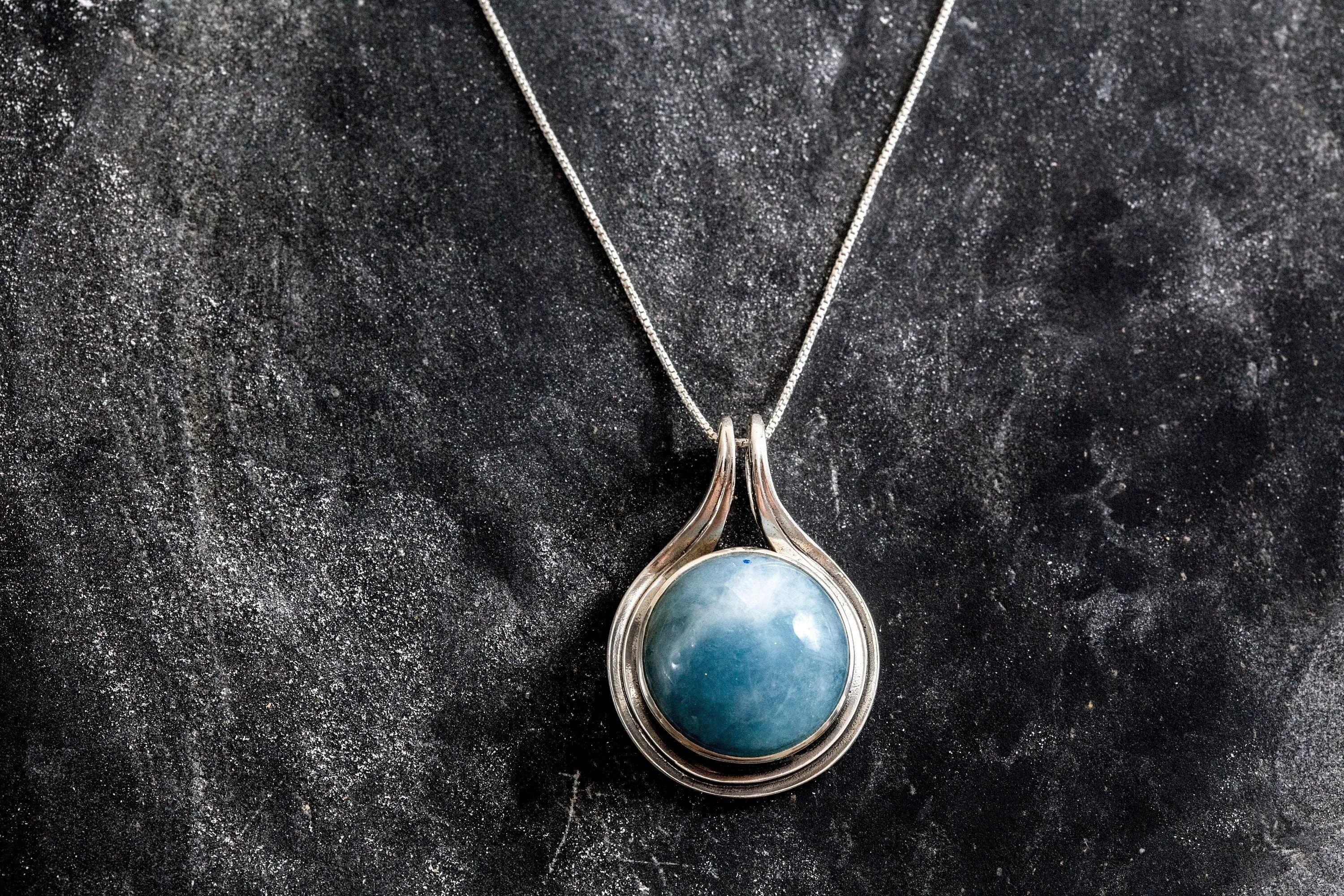 Aquamarine Necklace - Real Aquamarine Pendant - Large Round Aqua Necklace