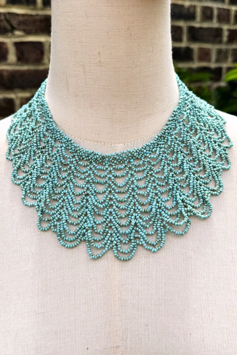 Aquamarine Scalloped Beaded Collar Necklace