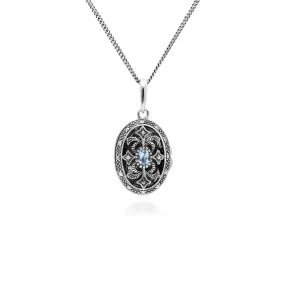 Art Nouveau Stil Ovale Aquamarin & Markasite Halskette in 925 Sterlingsterlingsilber