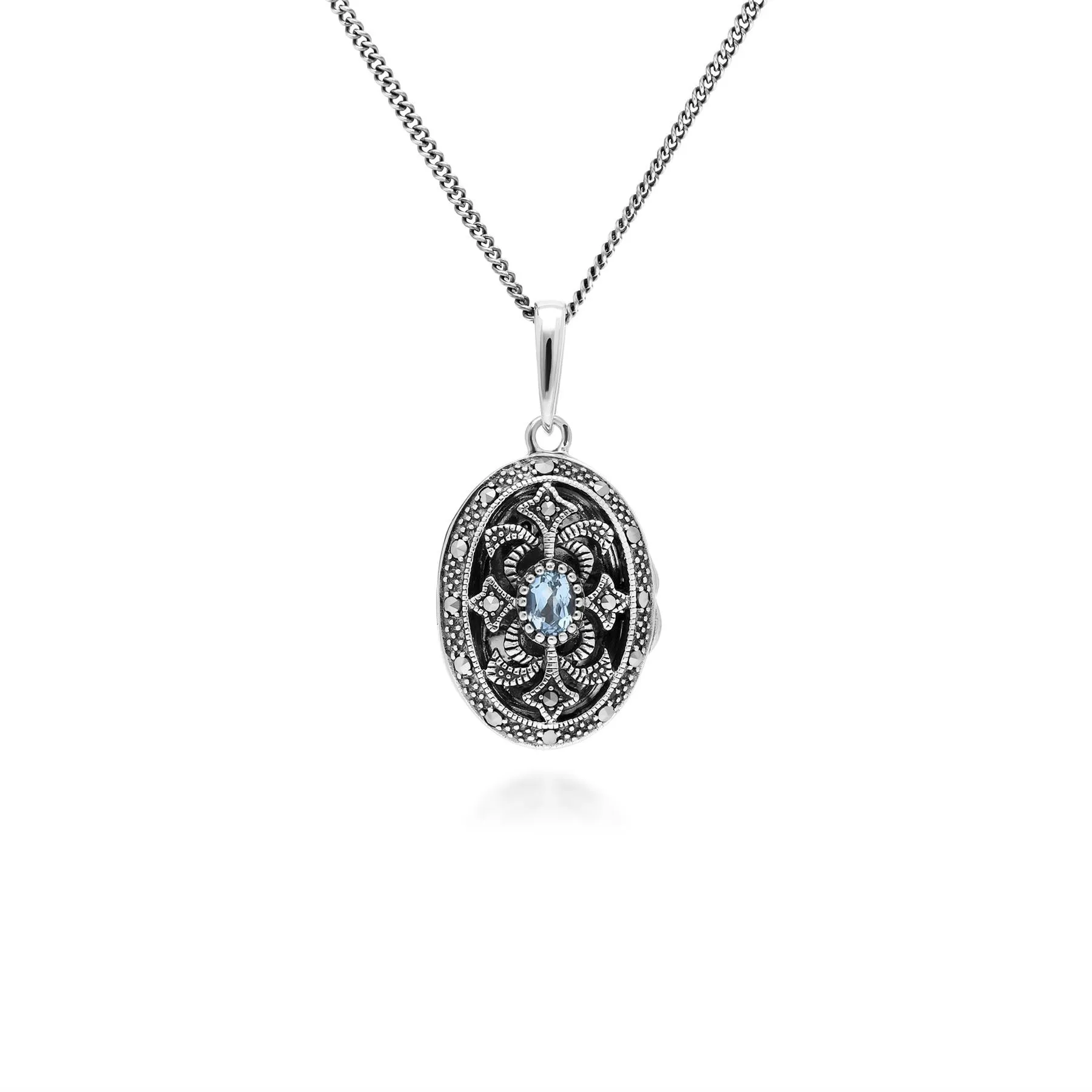 Art Nouveau Stil Ovale Aquamarin & Markasite Halskette in 925 Sterlingsterlingsilber