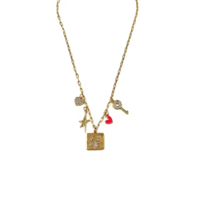 Ashley Gold Stainless Steel Gold Plated 5 Charm Colored Enamel And CZ Necklace