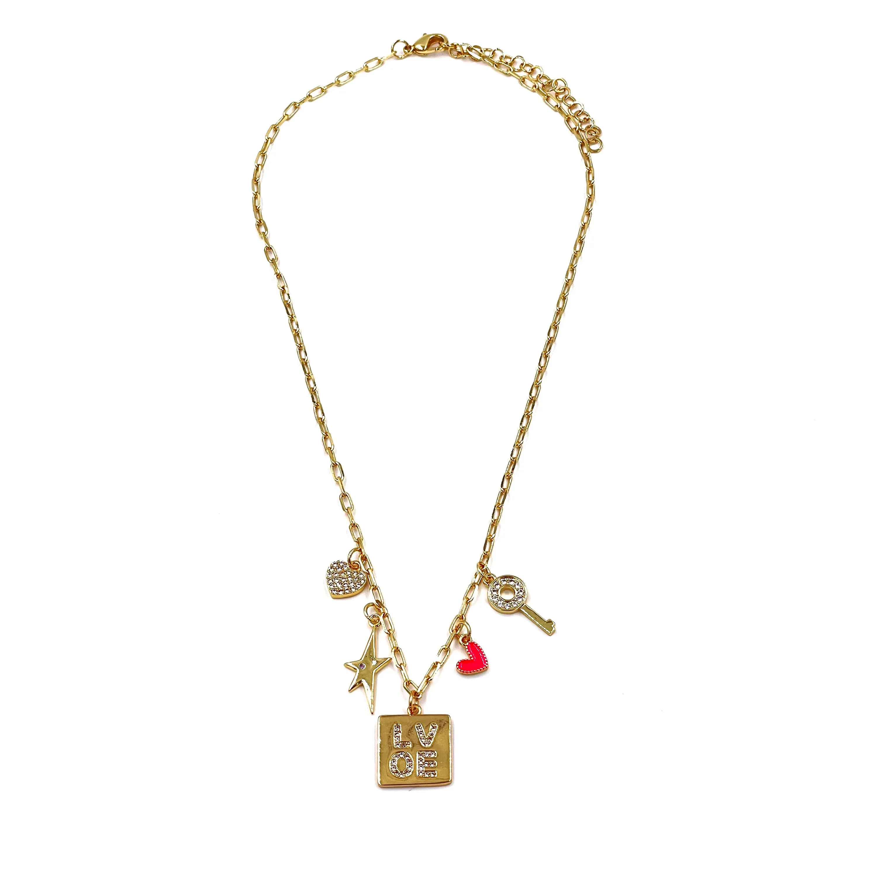 Ashley Gold Stainless Steel Gold Plated 5 Charm Colored Enamel And CZ Necklace