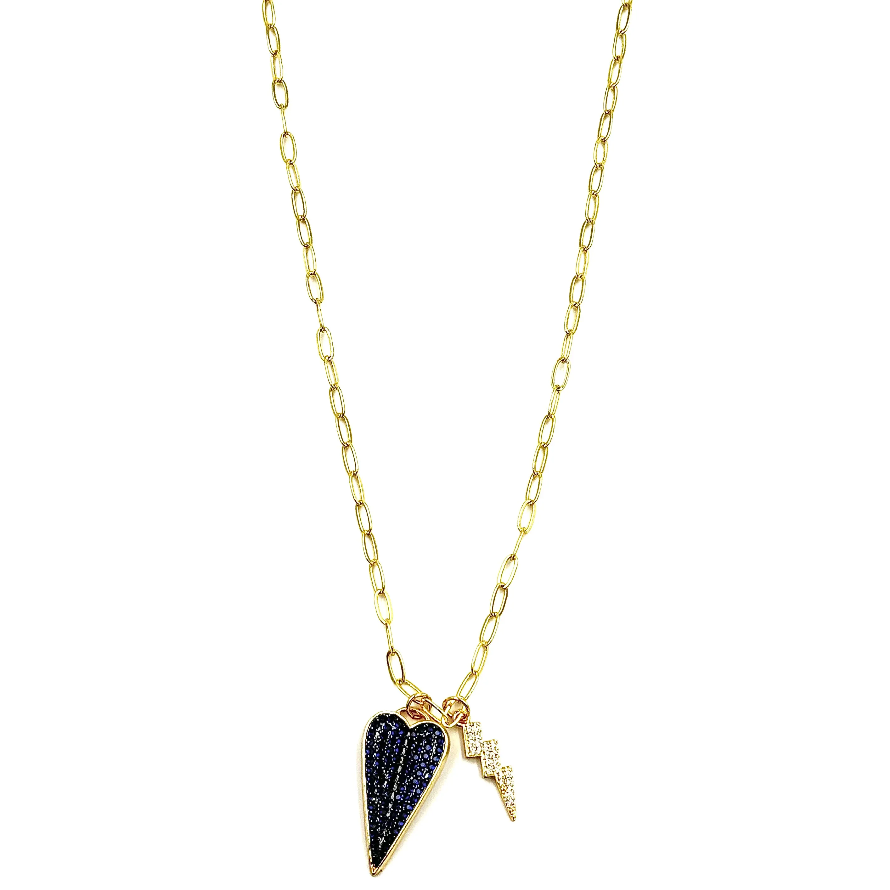 Ashley Gold Stainless Steel Gold Plated CZ  Heart And Lightning Bolt Charm Necklace