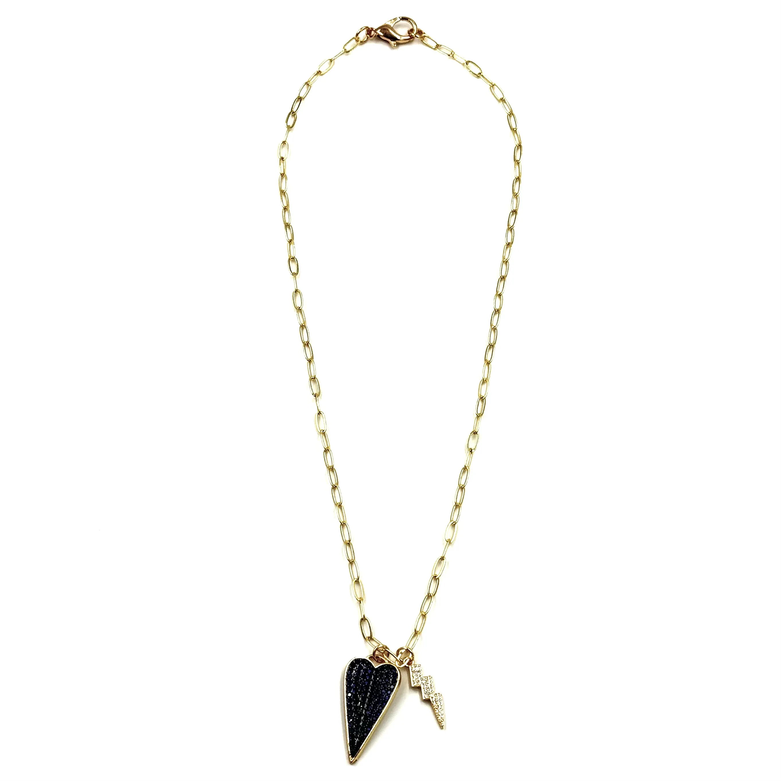Ashley Gold Stainless Steel Gold Plated CZ  Heart And Lightning Bolt Charm Necklace