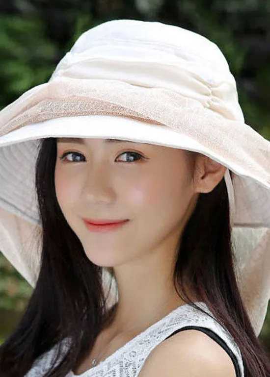 Beige Cotton Patchwork Tulle Wrinkled Bucket Hat LC0543