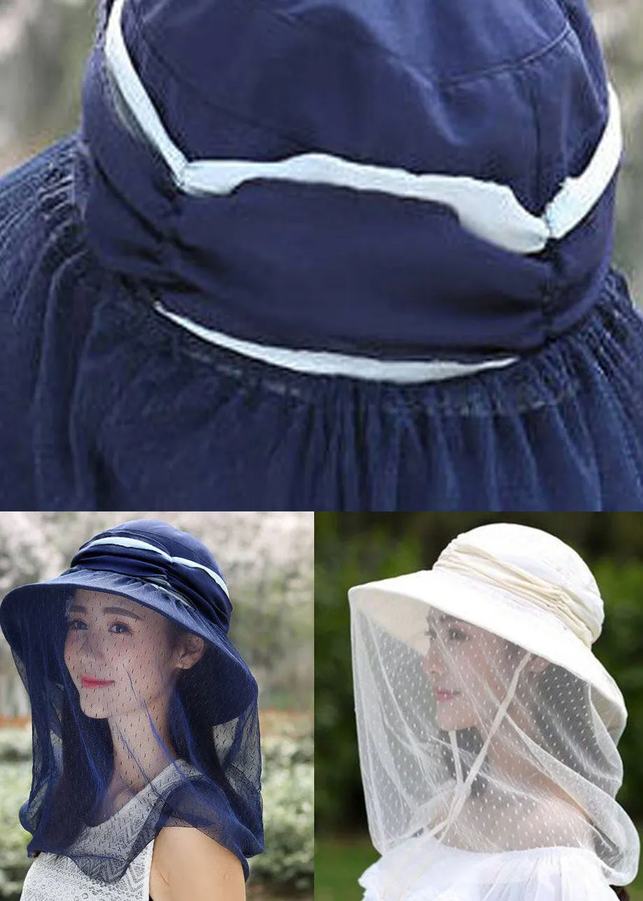 Beige Cotton Patchwork Tulle Wrinkled Bucket Hat LC0543