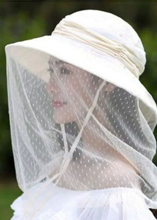 Beige Cotton Patchwork Tulle Wrinkled Bucket Hat LC0543
